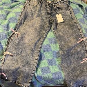 Trendy Acid Wash Flare Jeans with Pink Bows NEVER WORN
